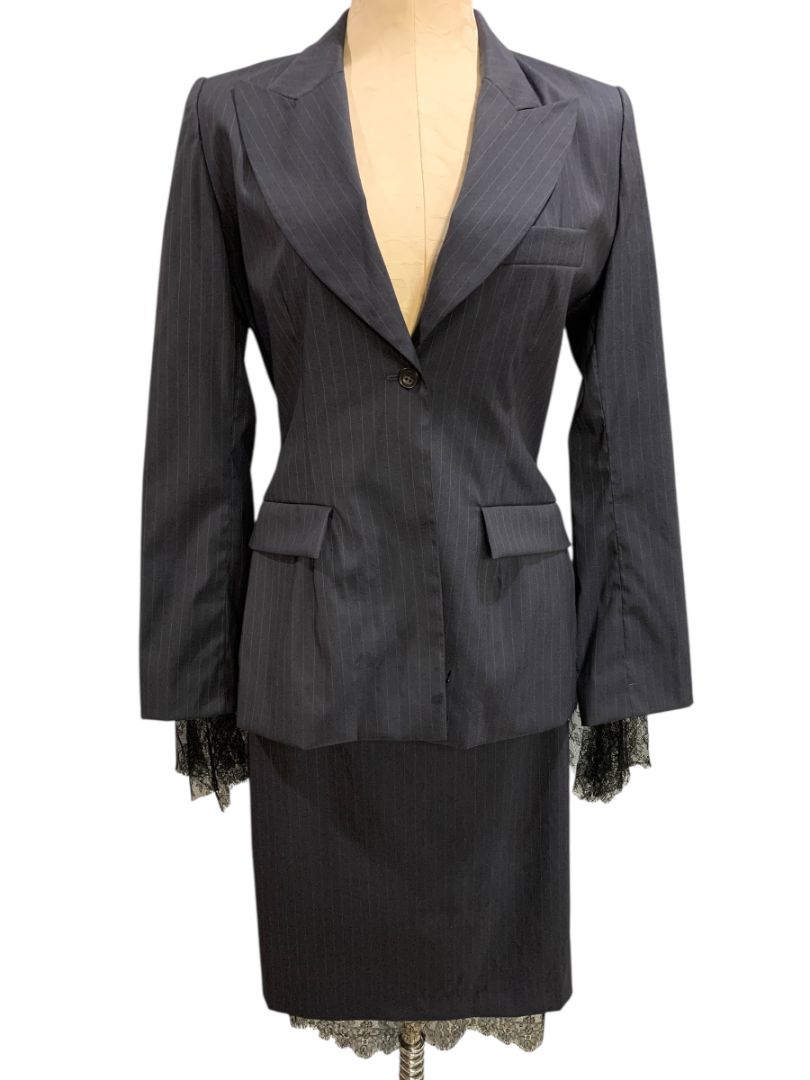 Size 38 Marcel Marongiu Skirt Suit Jacket Pinstripe Lace Trim France