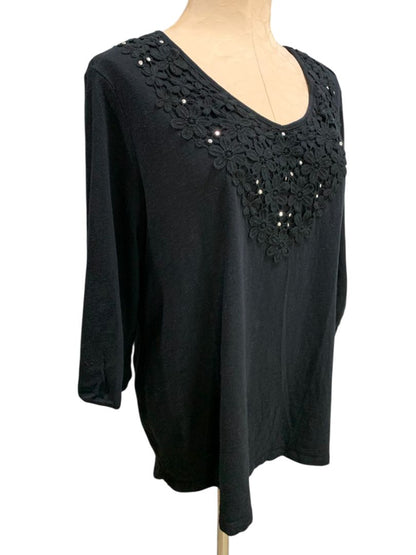 Size 1X Karen Scott Woman Black Crochet Embellished Knit Shirt