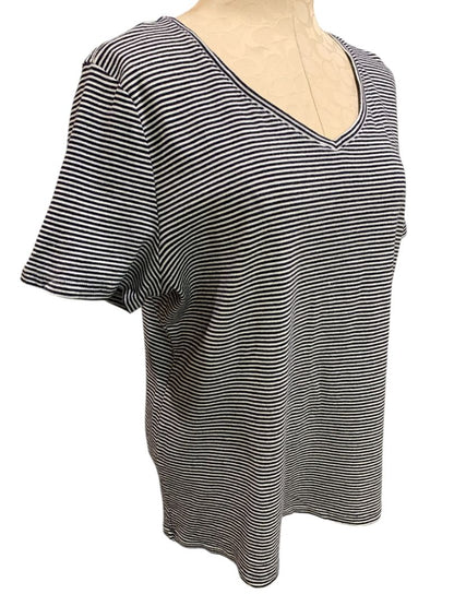 XL Talbots Tee Womens Navy Blue White Striped V-Neck Tshirt