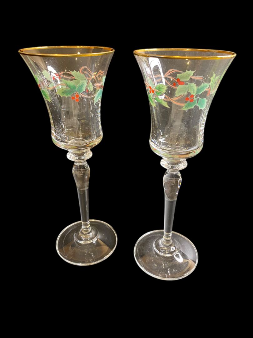 Vintage Mikasa Set of 2 Wine Glasses Holly Berry Ribbon Gold Trim