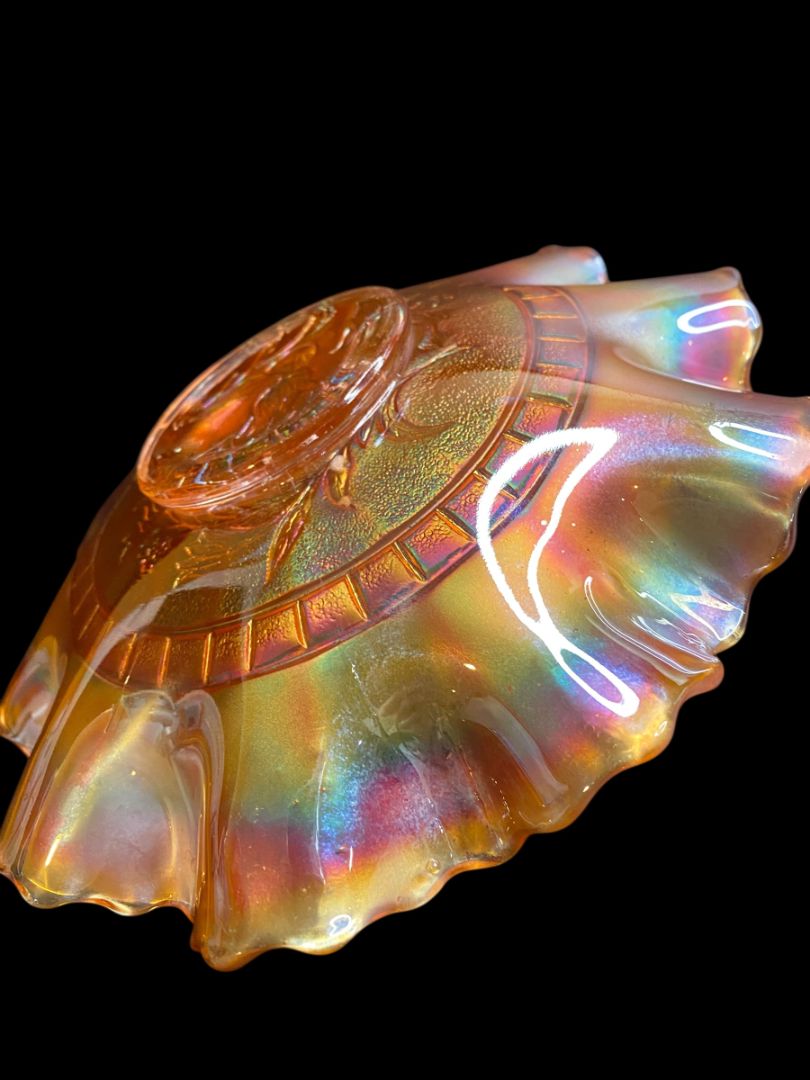 Vintage Dugan Wildflower Marigold Carnival Glass Ruffle 8.75" Bowl