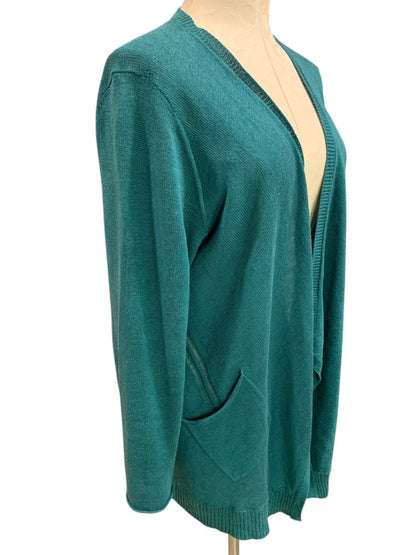 Large Eileen Fisher Womens Linen Teal Cardigan Sweater Pockets Open