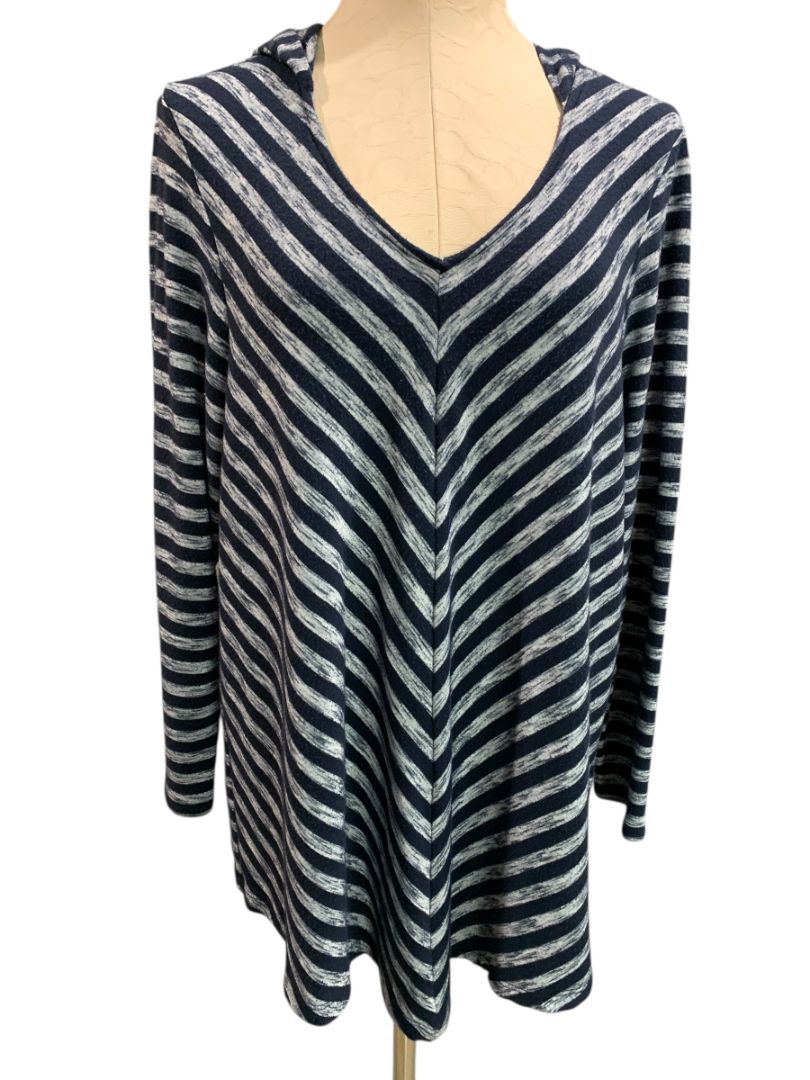 Size 18/20 Avenue Womens Navy Blue Hooded V-Neck Tshirt Long Sleeve