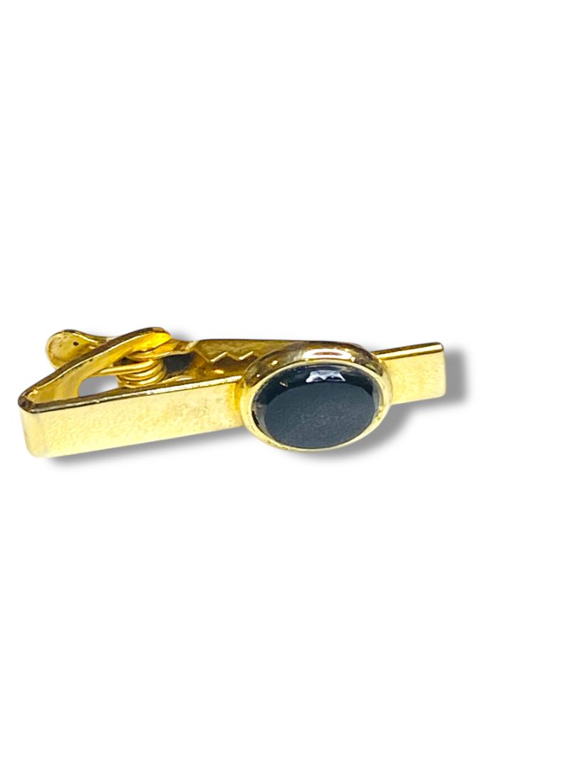 Vintage Tie Clasp Clip Goldtone Black Glass 1.5"