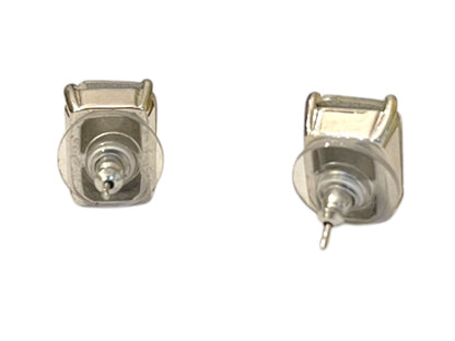 Emerald Cut Stud Post Pierced Earrings Clear .5" (14mm) Silvertone Setting