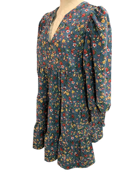 Size Medium Umgee Floral Corduroy Dress Pockets Blue V-Neck