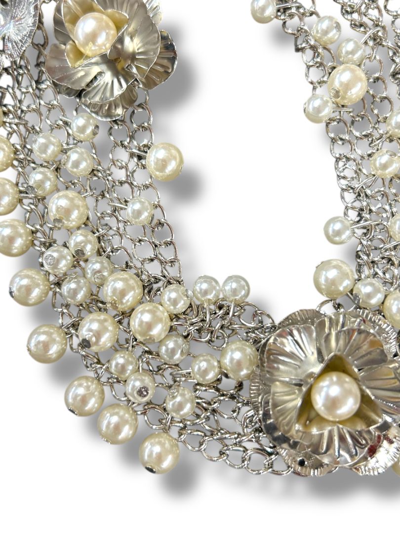 New Silvertone and Faux Pearl Statement Necklace Multistrand 17" + 2" Extender