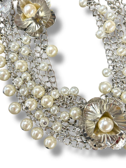 New Silvertone and Faux Pearl Statement Necklace Multistrand 17" + 2" Extender