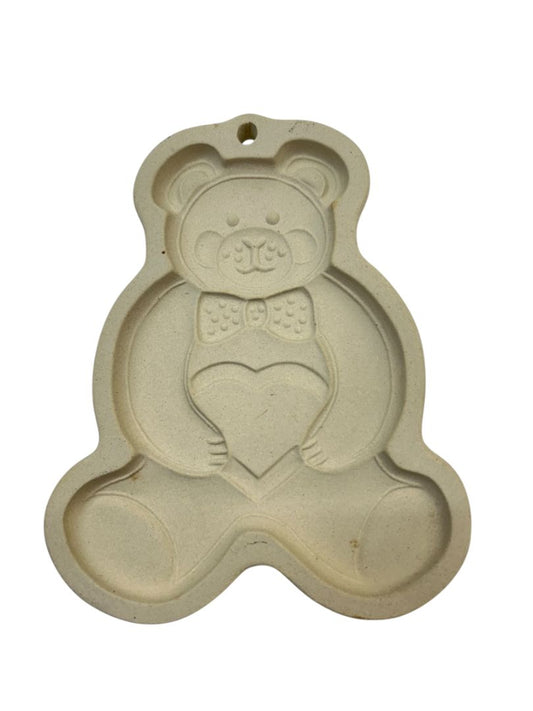 1991 Pampered Chef Stoneware Cookie Mold Teddy Bear Heart 6" x 5"