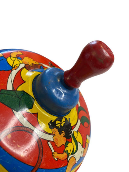 Vintage 5.5” Tin Litho Spinning Top Children Made in USA Wood Handle Works