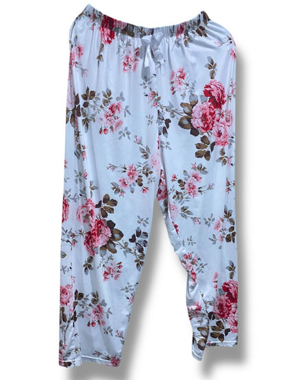 Size 1XL Womens 3 Piece Pajama Set Cami Robe Pants White Rose Print Soft