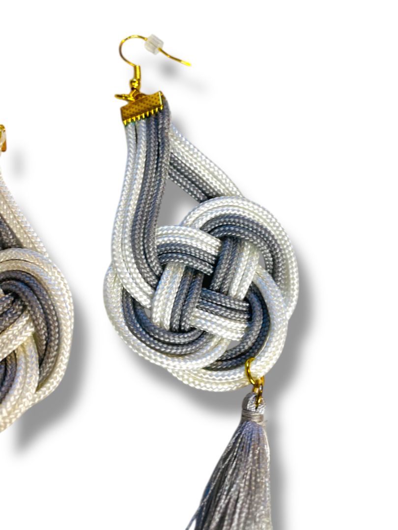 Macrame Boho Earrings Tassel Gray White Fishhook 4.75" Drop
