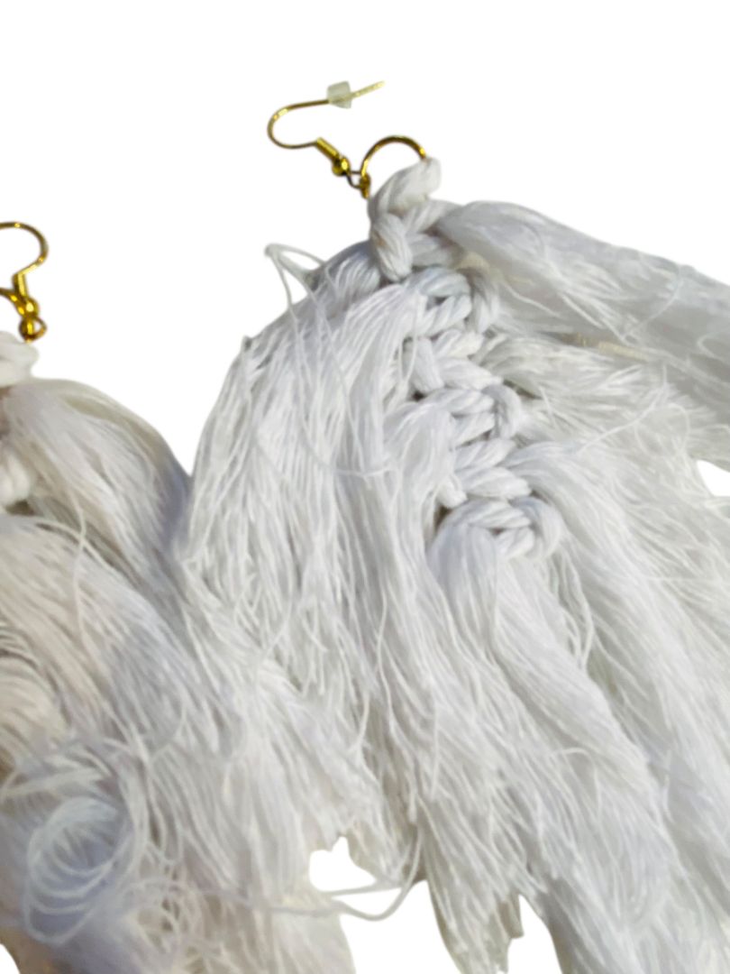 White Statement Fishhook Pierced Earrings Macrame Oversize 5.5" Drop