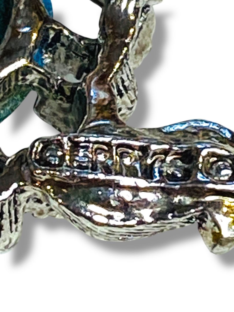 Vintage Signed Gerrys Brooch Pin Turtle Silvertone Turquoise Pendant 2.1"