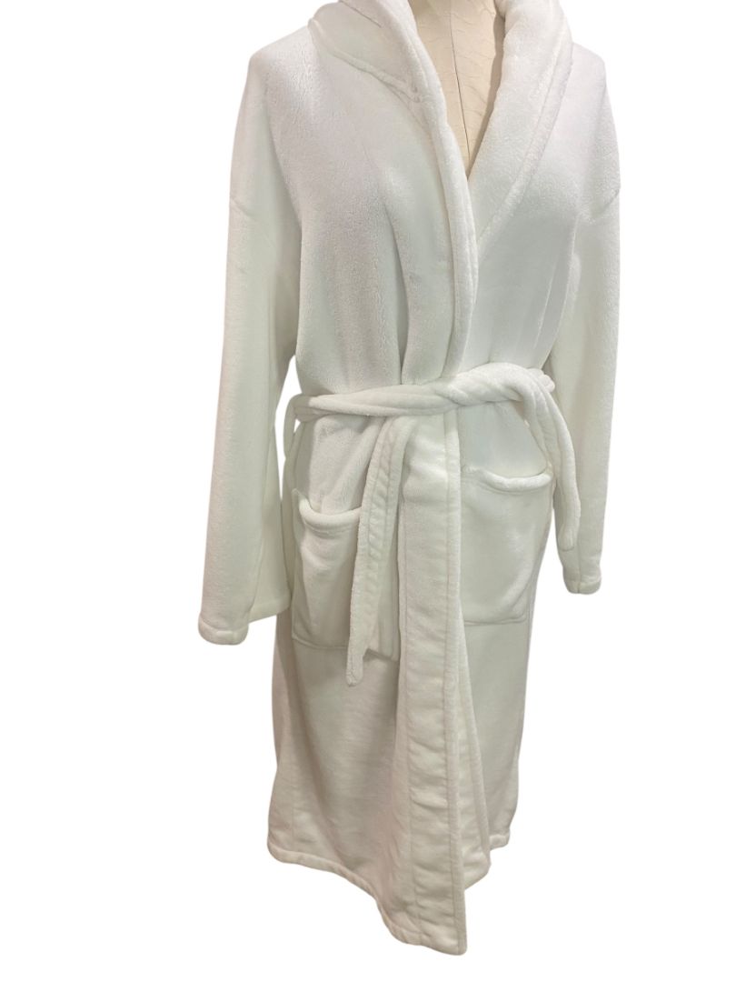 One Size White Belted Womens Robe Fleece Fluffy Pockets