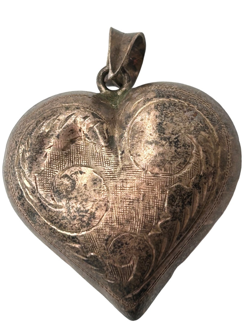 Vintage Silver Puffy Heart Pendant Etched Design 1.25"