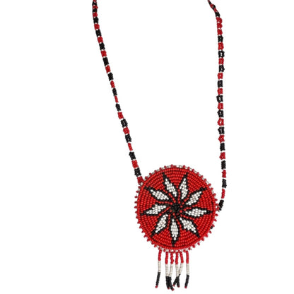 Seed Bead Star Pendant Necklace Leather Backing 29" Red Black White