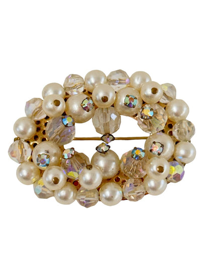 Vintage Brooch Aurora Borealis Beads Faux Pearls Oval 2"