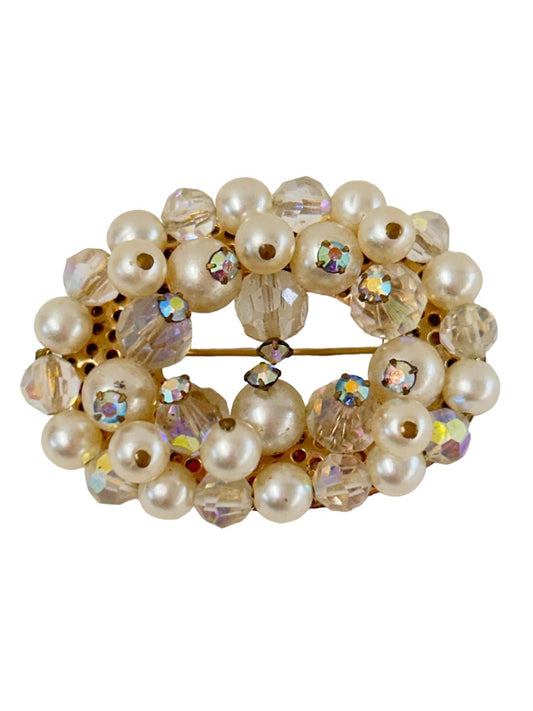 Vintage Brooch Aurora Borealis Beads Faux Pearls Oval 2"