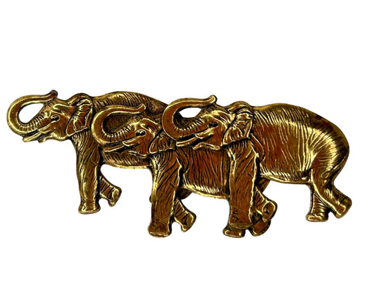 Three Goldtone Elephants Trunks Up Brooch Pin  2 5/8"