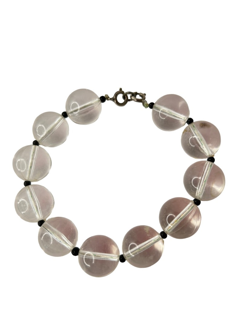 Vintage Clear Acrylic Beaded Statement Bracelet Black Spacers Retro 8.5"