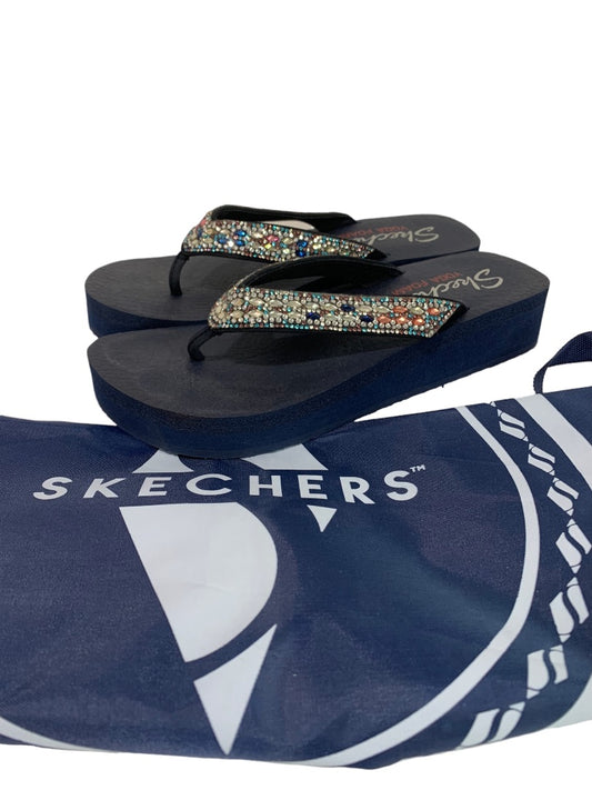 Size 8 Skechers Yoga Foam Platform Flip Flop Sandals Jeweled Navy Blue