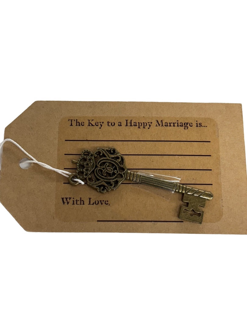 Wedding Favor Metal Skeleton Key and Tag "Key to a Happy Marriage is" New