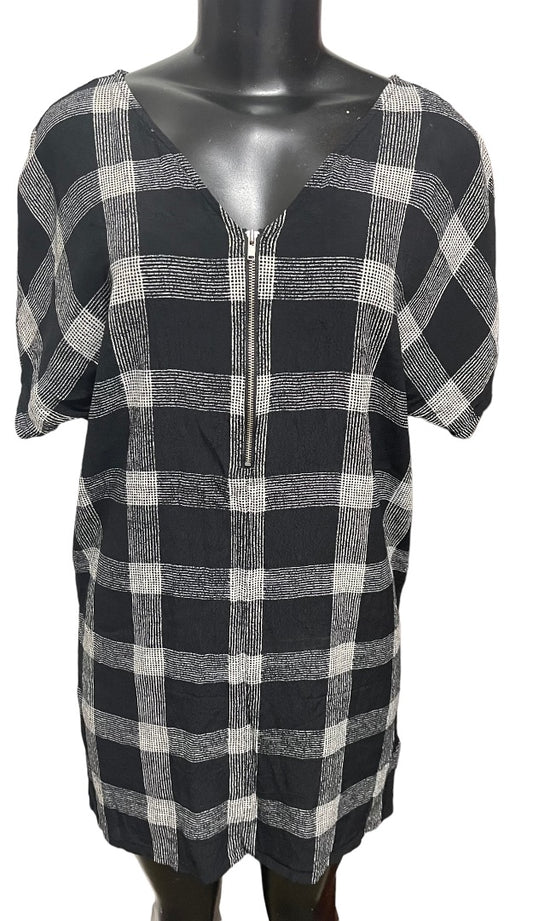 XS Madewell V-Neck Shift Dress Oversize Black White Plaid Lightweight