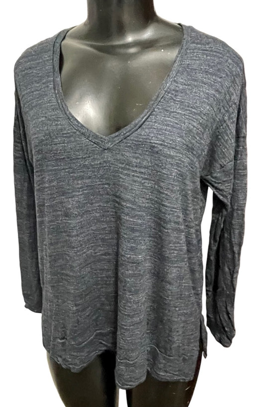 XS Madewell Women's V-Neck Dark Blue Marled Knit Top Side Slits B6005