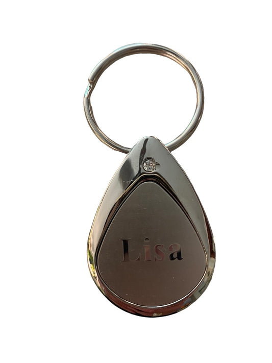 Silvertone Personalized Keychain Key Ring "Lisa" Droplet Shape 3"