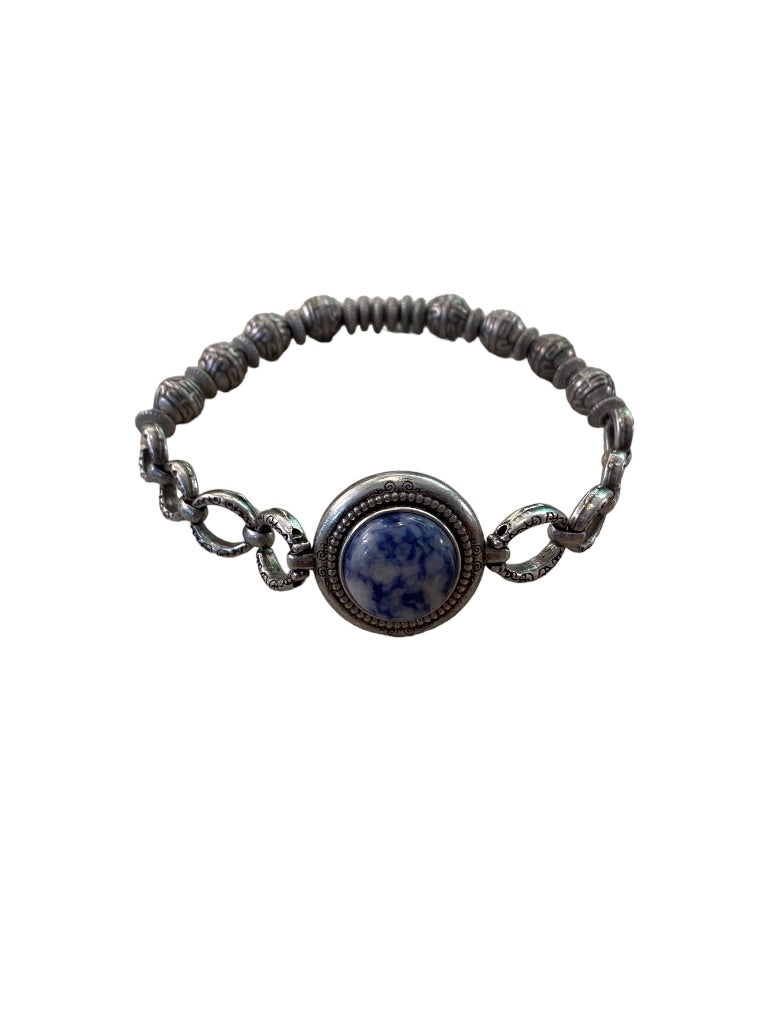 Magnabilities Silvertone Antiqued Stretch Bracelet Blue White Stone Inset Removable