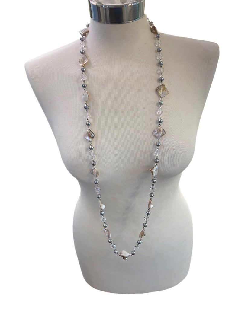 Long 44" Strand String Necklace Silvertone Shell Clear Faceted Acrylic Beads Linked