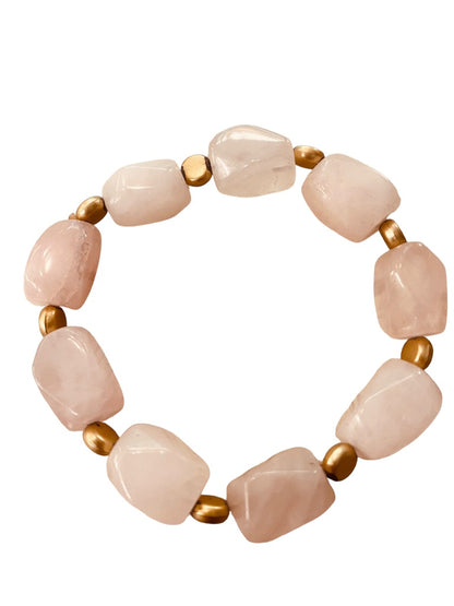 Beaded Stone and Goldtone Spacer Stretch Bracelet Blush Pink 2.5" Inside Diameter