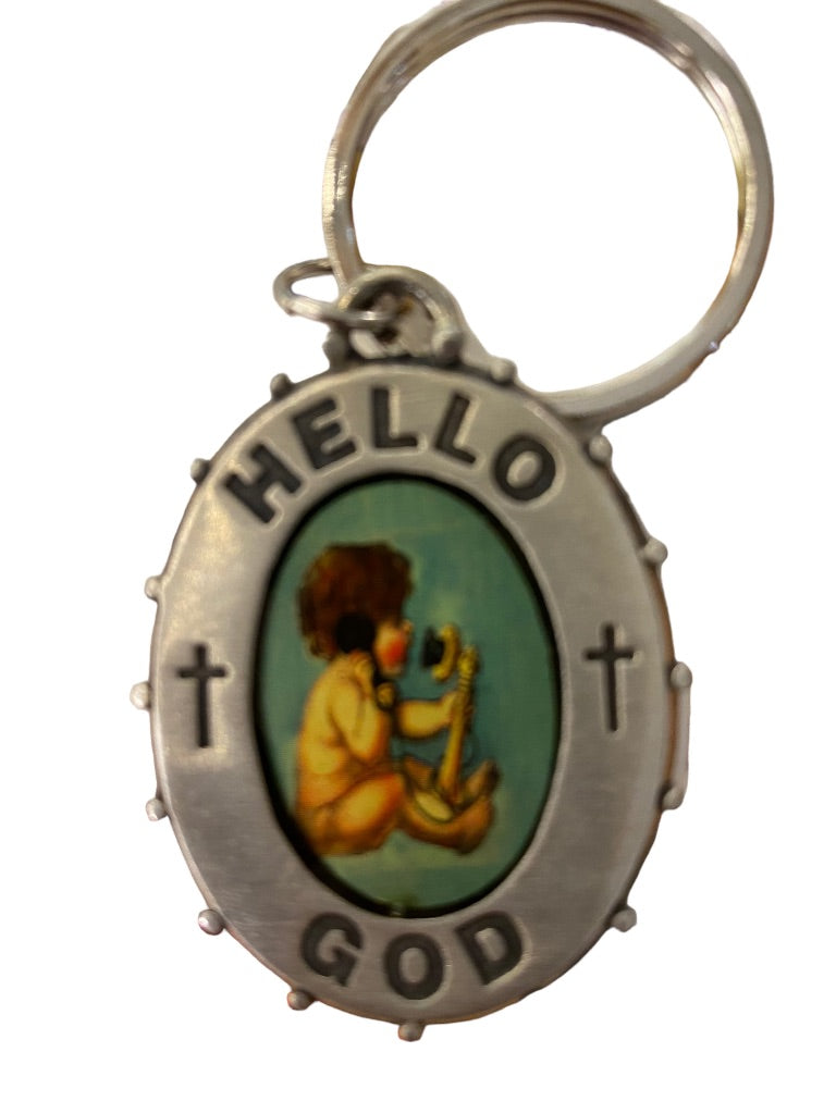 New "Hello God" Picture This Pewter Keychain Key Ring 2"