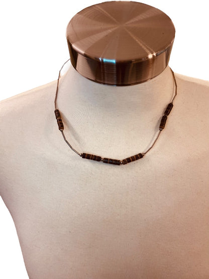 Vintage Silvertone Bead Brown Necklace 18" Barrel Clasp Screw Closure