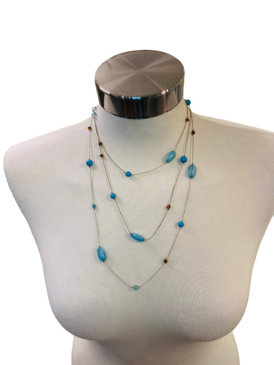 Long Strand Necklace Delicate Silvertone and Blue Acrylic Beads 60" Lobster Clasp Layered