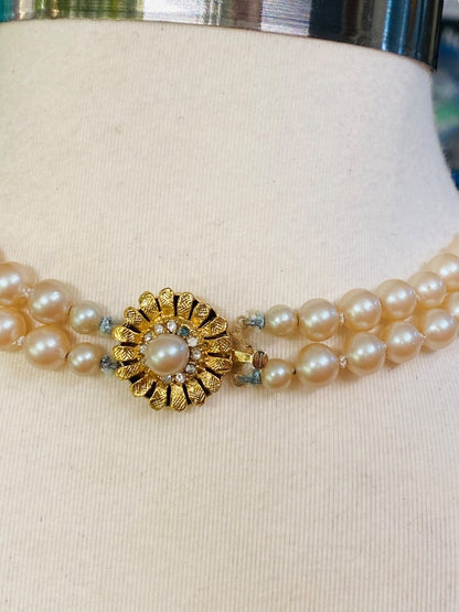 Double Strand Hand Knotted Vintage 7.7 mm Faux Pearl Dual Strand Necklace Daisy Clasp 16"