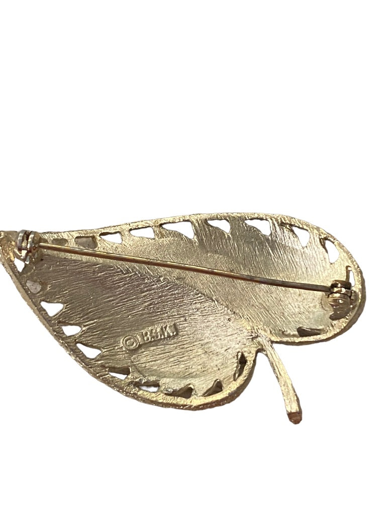 Signed BSK Goldtone Brooch Brushed Leaf Textured 2.1" Pin