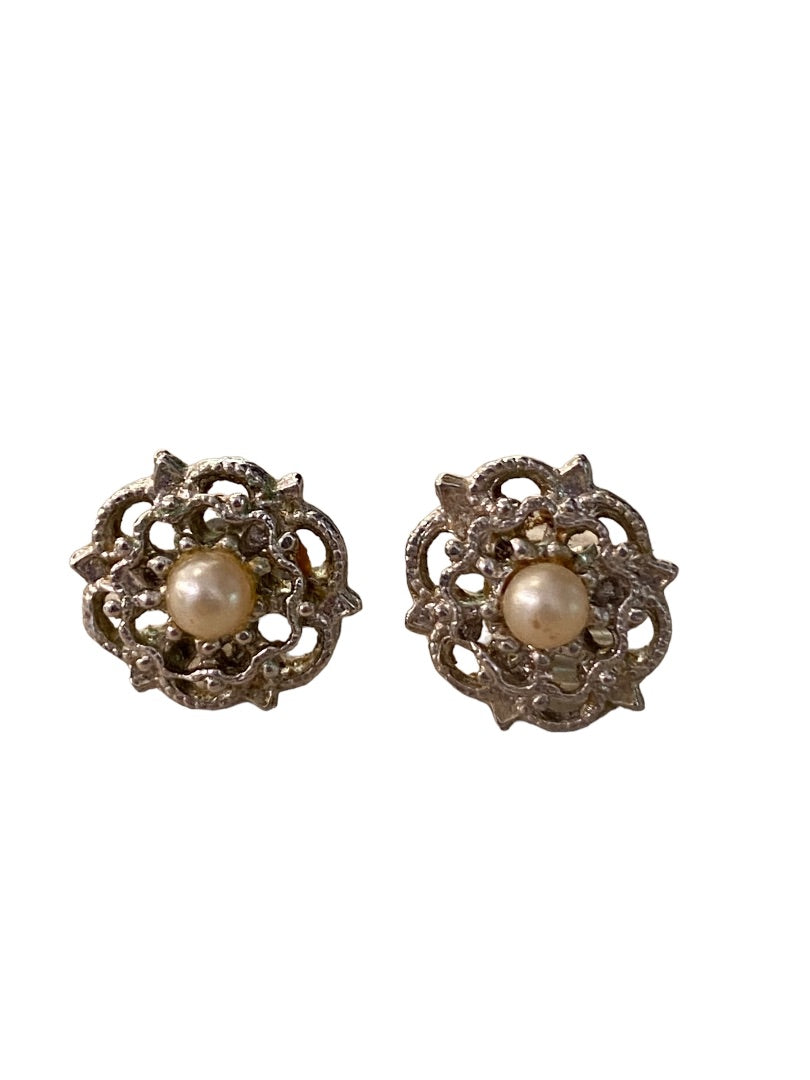 Vintage Silvertone Intricate Post Stud Earrings Faux Pearl Center Flower