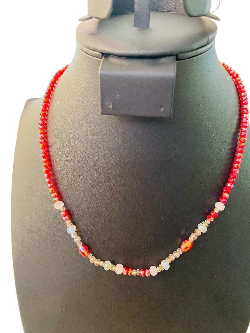 Red Crystal Beaded Necklace Clear Silvertone Necklace 18"