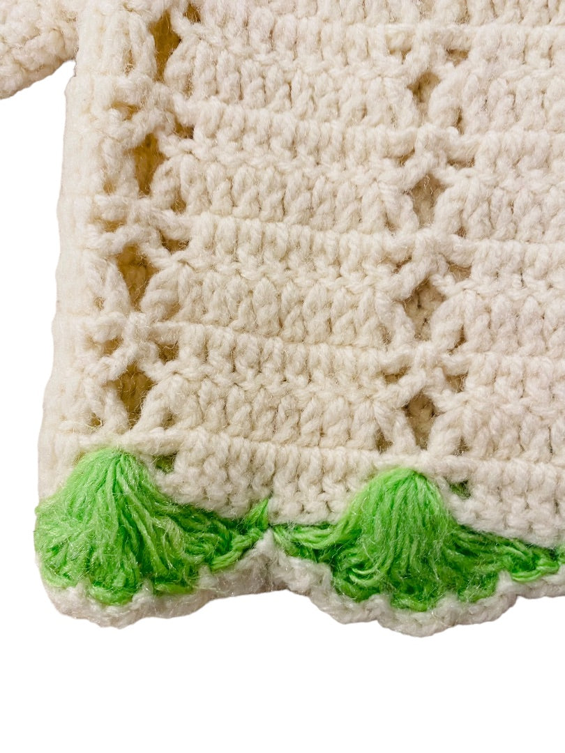 Vintage Hand Crocheted Baby Sweater Cream Green Trim Tie Closure Cardigan 12-24 Mos