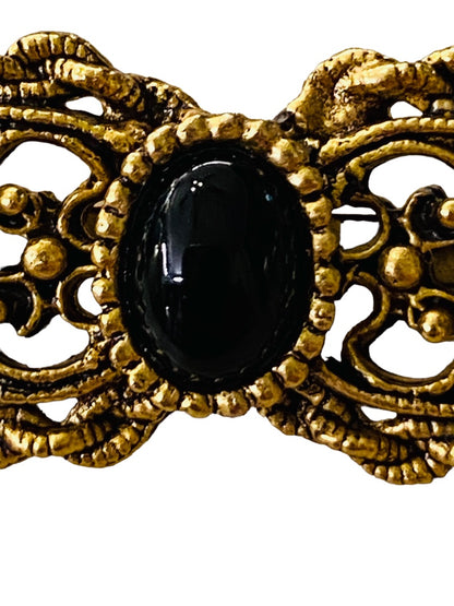 Vintage Victorian Style Brooch Goldtone Black Pin Filigreee Intricate 2" Length