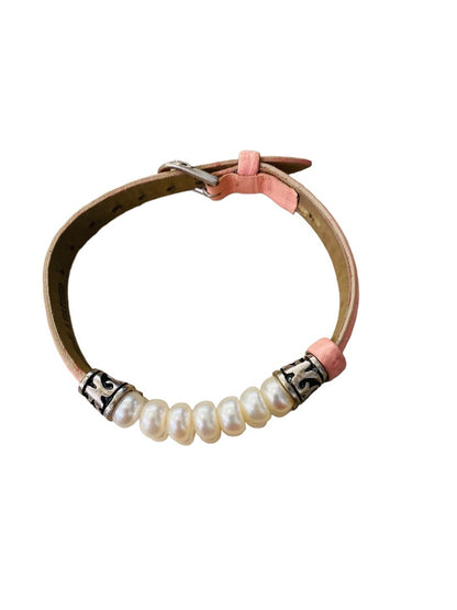 Honora Pearl and Pink Leather Bracelet Adjustable Buckle Closure Double Strand