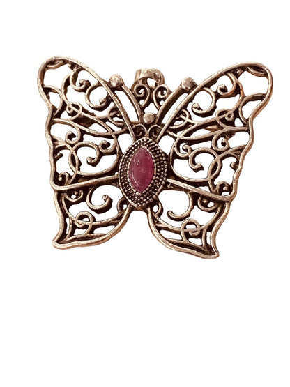 Silvertone Butterfly Pendant Brooch Purple Jewel 1.5" Filigree Style