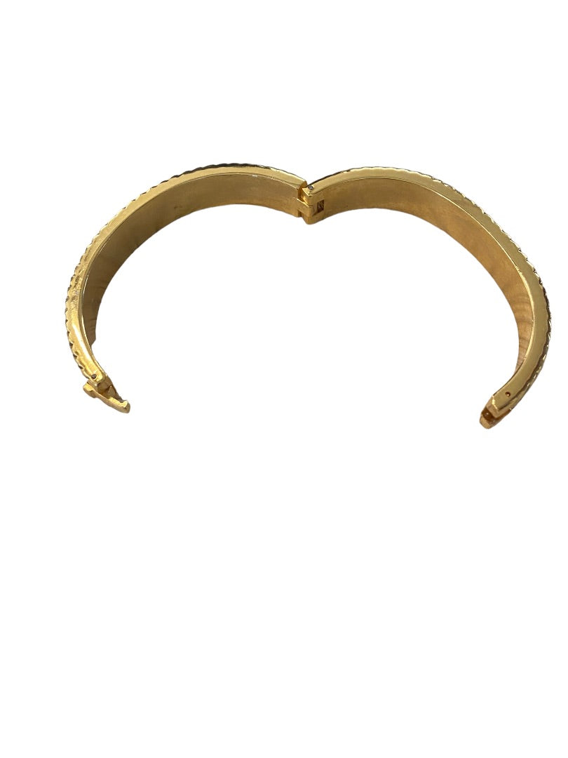 Goldtone Oval Bangle Bracelet Press Down Latch Hinged Herringbone Pattern