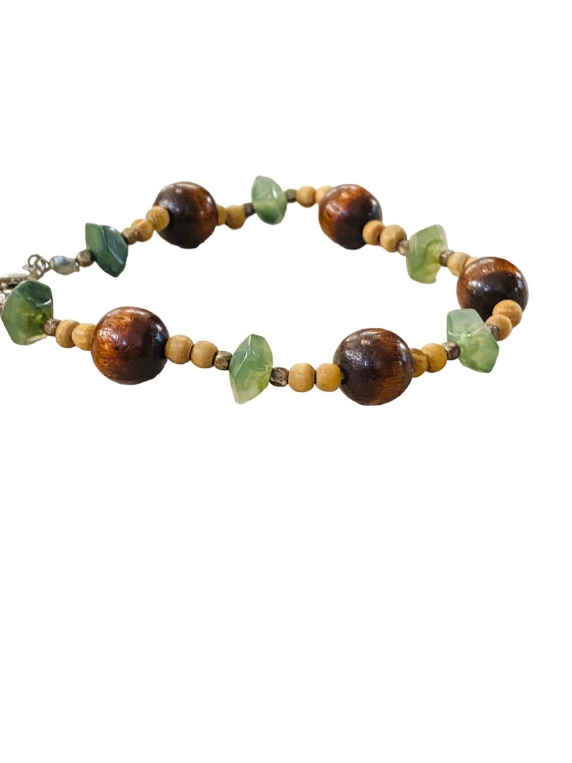 Wood Bead and Green Stone Bracelet 9" Lobster Clasp Lightweight Boho Style