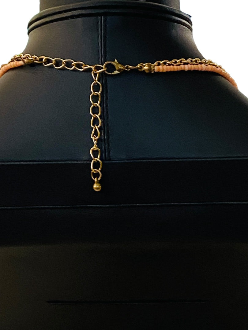 Dual Strand Layered Necklace Pink Seed Beads Goldtone 18-20"