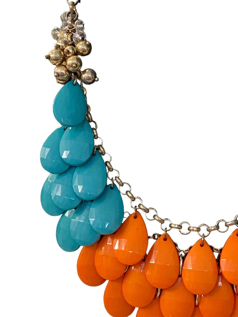 Statement Necklace Teal Coral Goldtone Funky Lays Flat Faceted Acrylic Beads