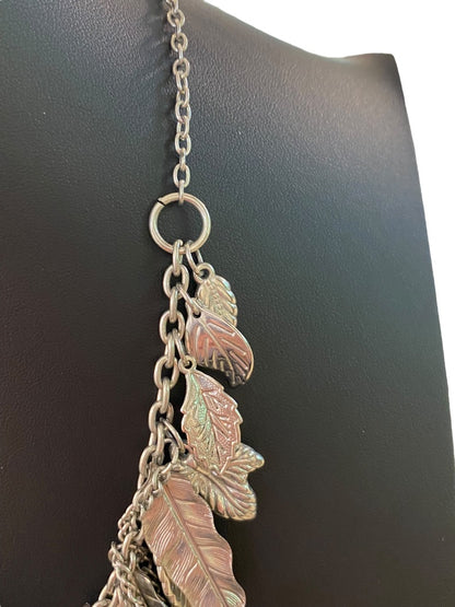 Silvertone Layered Boho Necklace Leaf and Chain Statement 16-18"