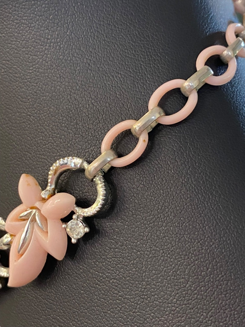 Vintage 13-15" Necklace Hook Closure Pink Plastic Leaf Silvertone